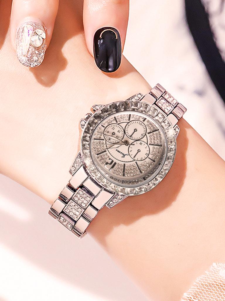 Luxury and fashionable diamond-encrusted alloy women's quartz watch set of 3, suitable for everyday wear, Thanksgiving and Chris