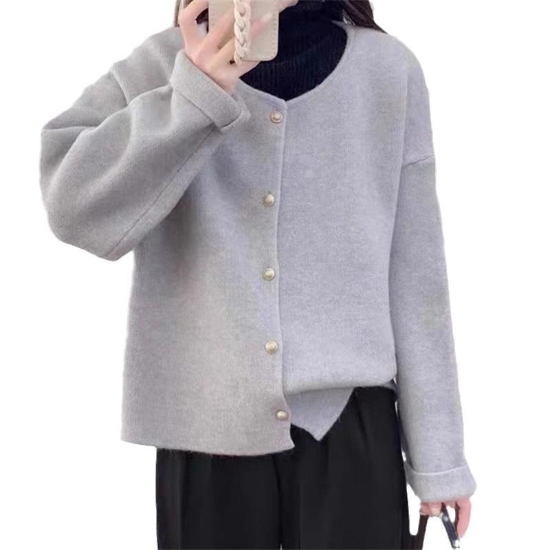 Autumn and winter new round neck solid color knitted cardigan loose lazy soft waxy sweater women's coat tide