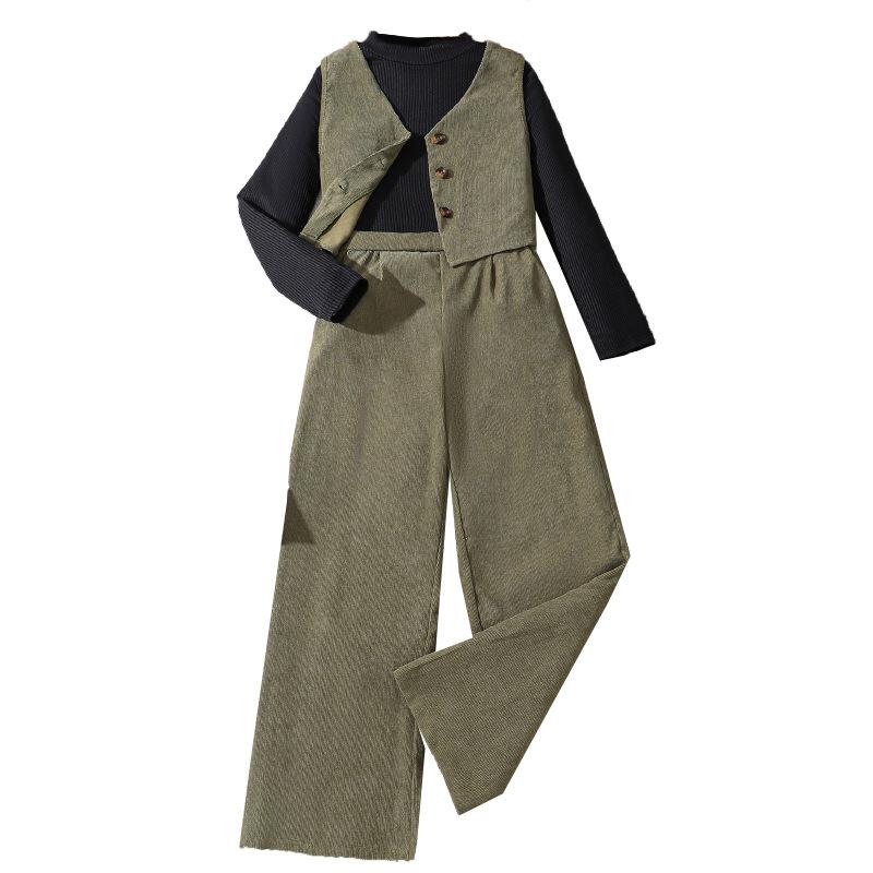 

Детский костюм осень-зима новый жилет кардиган + трикотажная рубашка с длинными рукавами + брюки для девочек 6-12 лет детская одежда 170cm/12Y зелёный