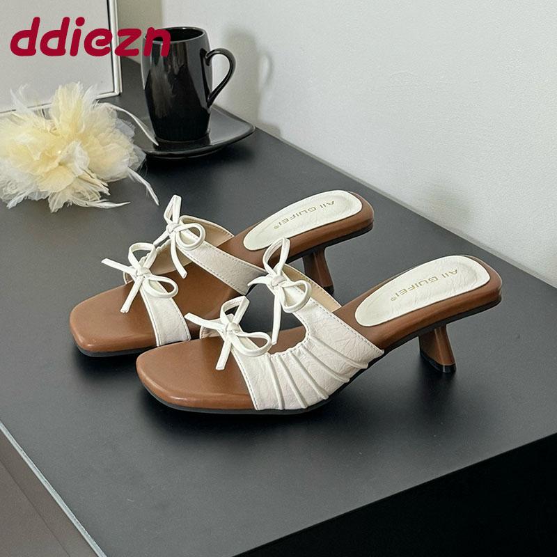 Fashion Elegant Women Medium Heels Pumps Shoes Female Butterfly-Knot Footwear Fashion Square Toe Ladies Thin Heels Shoes Sandals Slides
