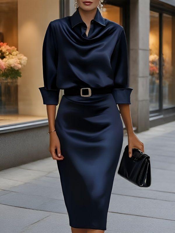 Women's Satin Cowl Neck Long Sleeve Top and Midi Skirt Set Solid Color Elegant Outfit