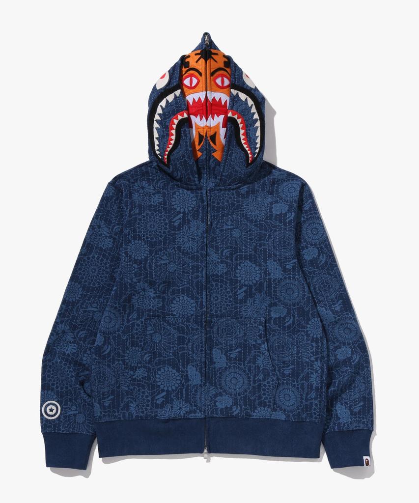 Bape Japanese Indigo Art Camo Double Tiger Shark Full Zip Hoodie (M) Indigo