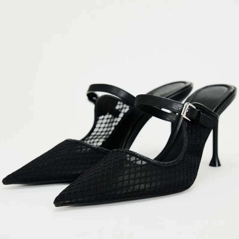 Módní špičaté sexy síťované dámské sandály na vysokém podpatku 2025 léto nový designér černé slingback jehlové elegantní boty pro kancelářskou dámu