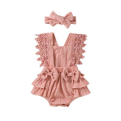 Infant Baby Girl Summer Jumpsuit Lace Sleeves Square Neck Bow Romper with Headband