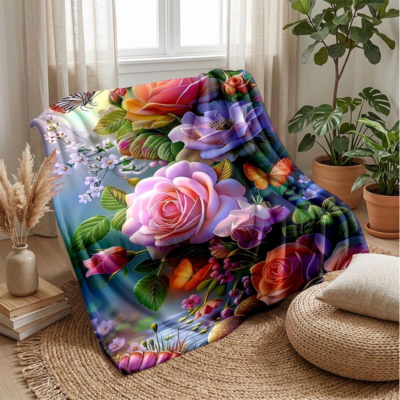 Vibrant Flower Bouquet with Butterflies Theme blanket Lightweight Warm Flannel Blanket Decorative Throw Blanket for Home Decoration