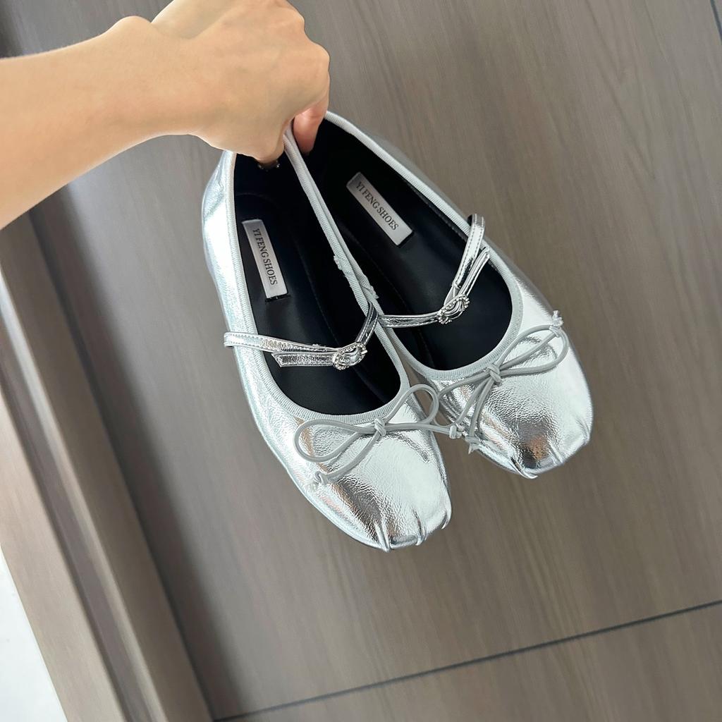 Silver ballet shoes increase height by 4 cm French one-word rhinestone belt Spring and summer 24 new square round head shallow mouth women's shoes