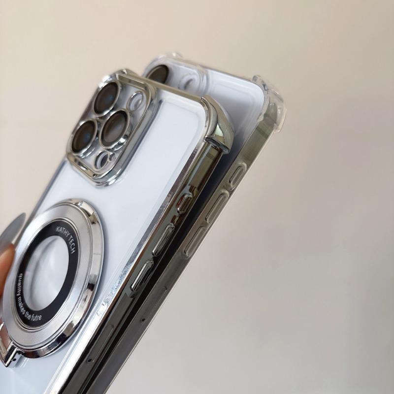 Luxury Plating Shockproof Magnetic Bracket Clear Case for Magsafe for iPhone 16 15 14 13 12 11 Pro Max With Holder Stand Cover