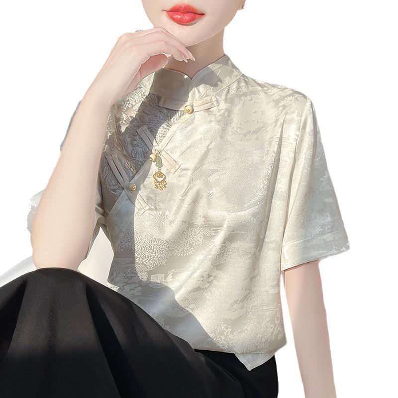 Contemporary Chinese Satin Mulberry Silk Short-Sleeve Stand-Up Collar Shirt with Pan Button Retro Design