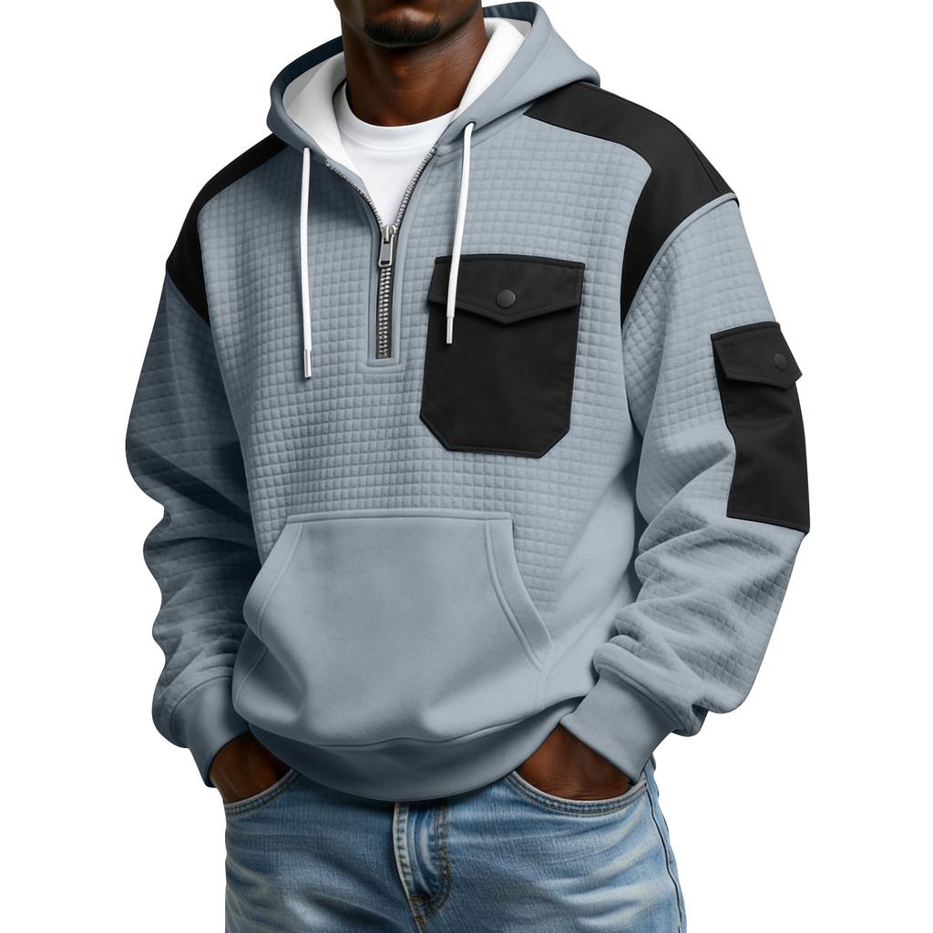 Men's Winter Color Blocked Button-Down Collar Multi-Pocket Hoodie Men's Sports Plus Size Casual Sweatshirt