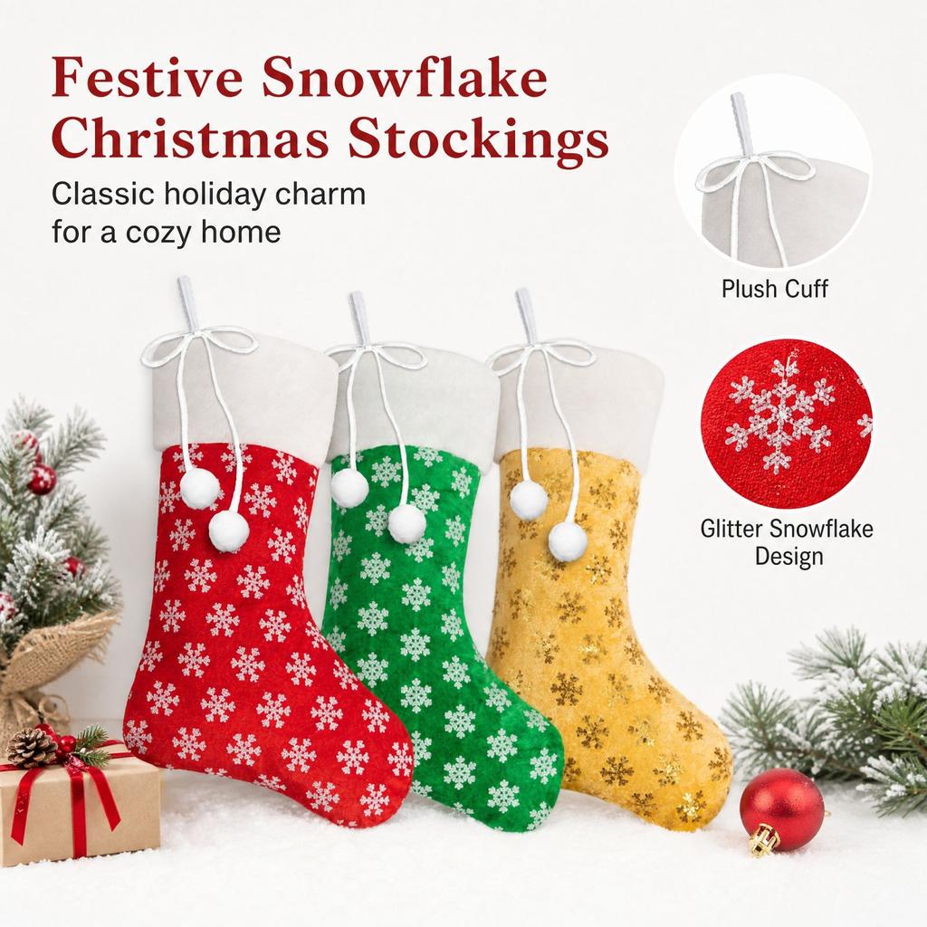 Chaussette de Noël en Peluche Flocon de Neige pour Cheminée et Arbre de Noël, Décoration Suspendue, Sac Cadeau Festif