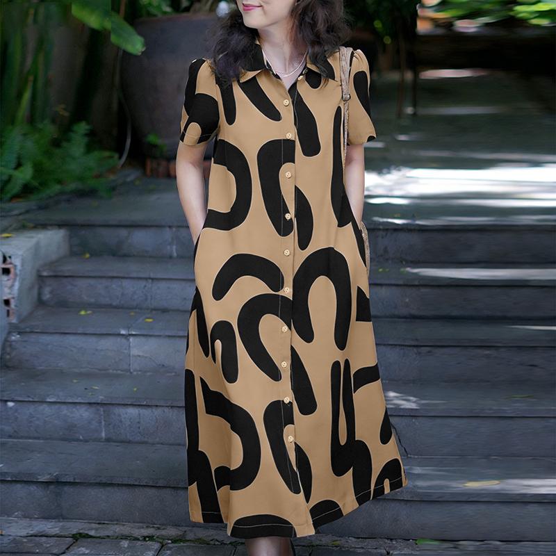 ZANZEA Women Casual Turn Down Collar Short Sleeve Print Dress