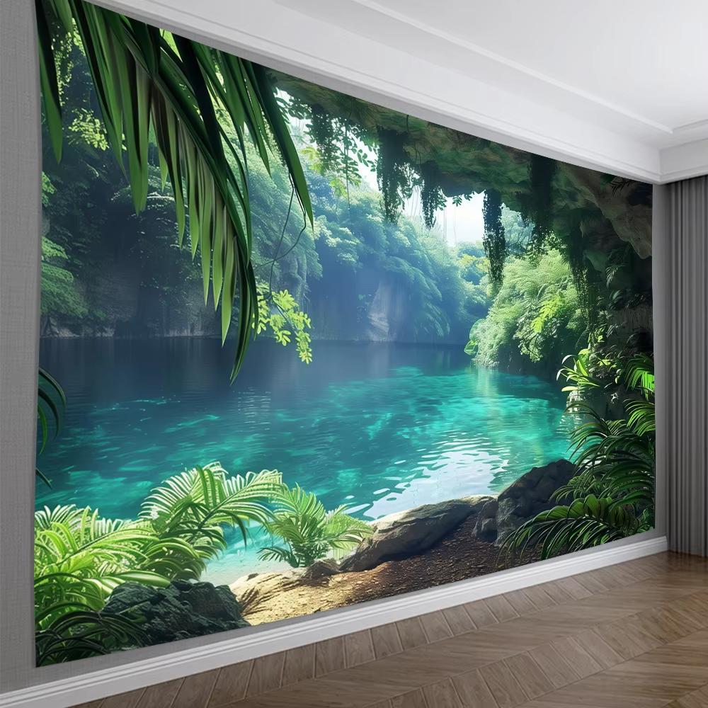 Tropical Rainforest Tapestry Emerald Green Lake Sunlight Tree Shadows Living Room Study Natural Style Decor