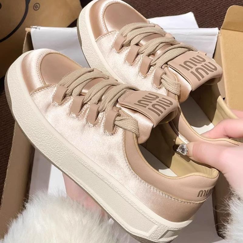 Damen Sneaker Weiße Schuhe 2024 Neu Herbst Dicke Sohle Lässig Plateau Komfort Schnürschuhe Rutschfest Laufschuhe Gold Skateboard Schuhe