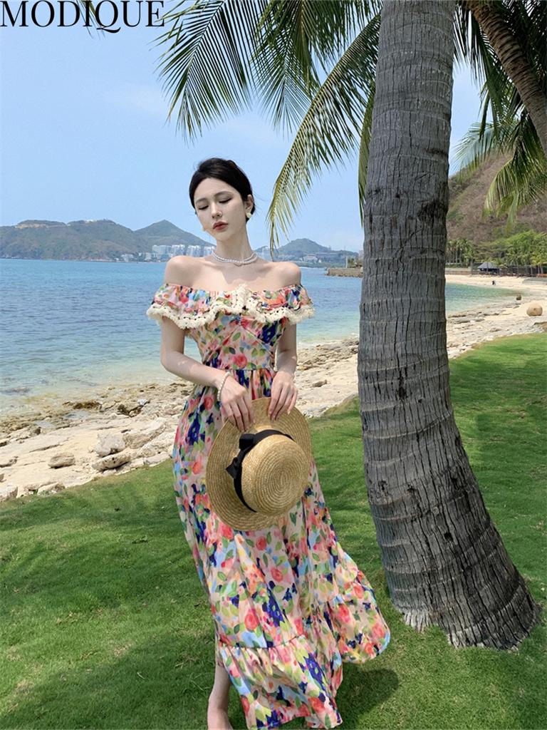 MODIQUE Sommar Kvinnor Elegant Färgglatt färgtryck Casual Beach Chiffong Girly Långa Klänningar Holiday Lady Fairycore Sweet Atmosphere Klänningar
