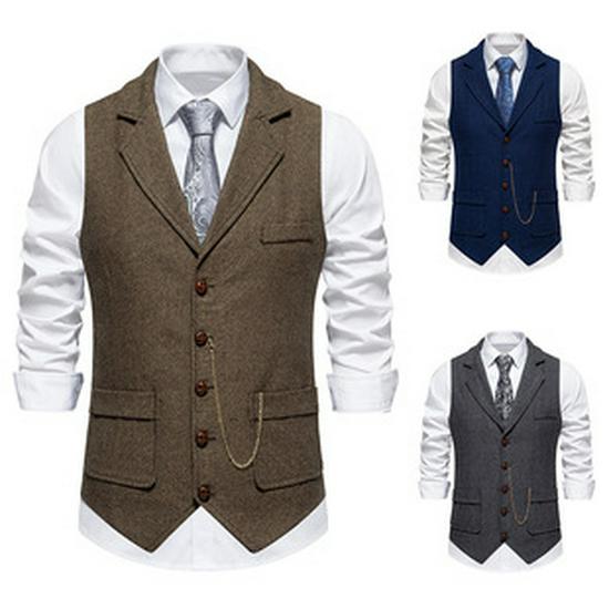 European & American Men's Retro Herringbone Wool Vest - British Style Single-Breasted Casual Waistcoat