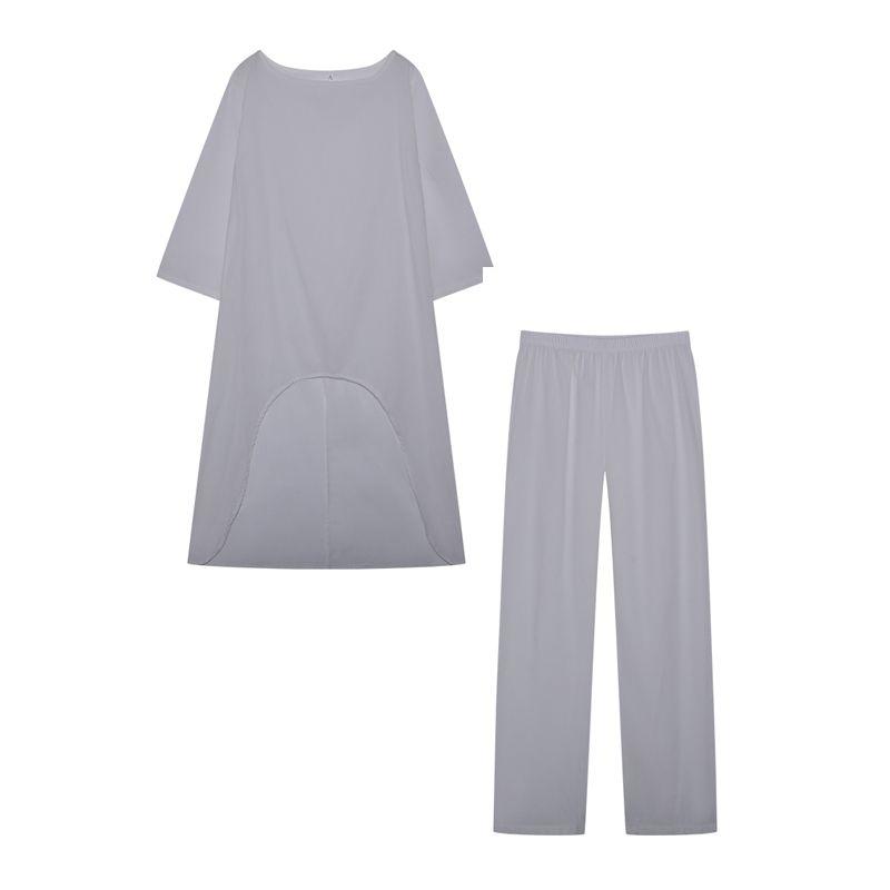 

Loose Base Fashion Casual Plus Size Asymmetrical Long-Sleeve Suit Loose Pants Two-piece Set Dress Shirt Pure Color White M