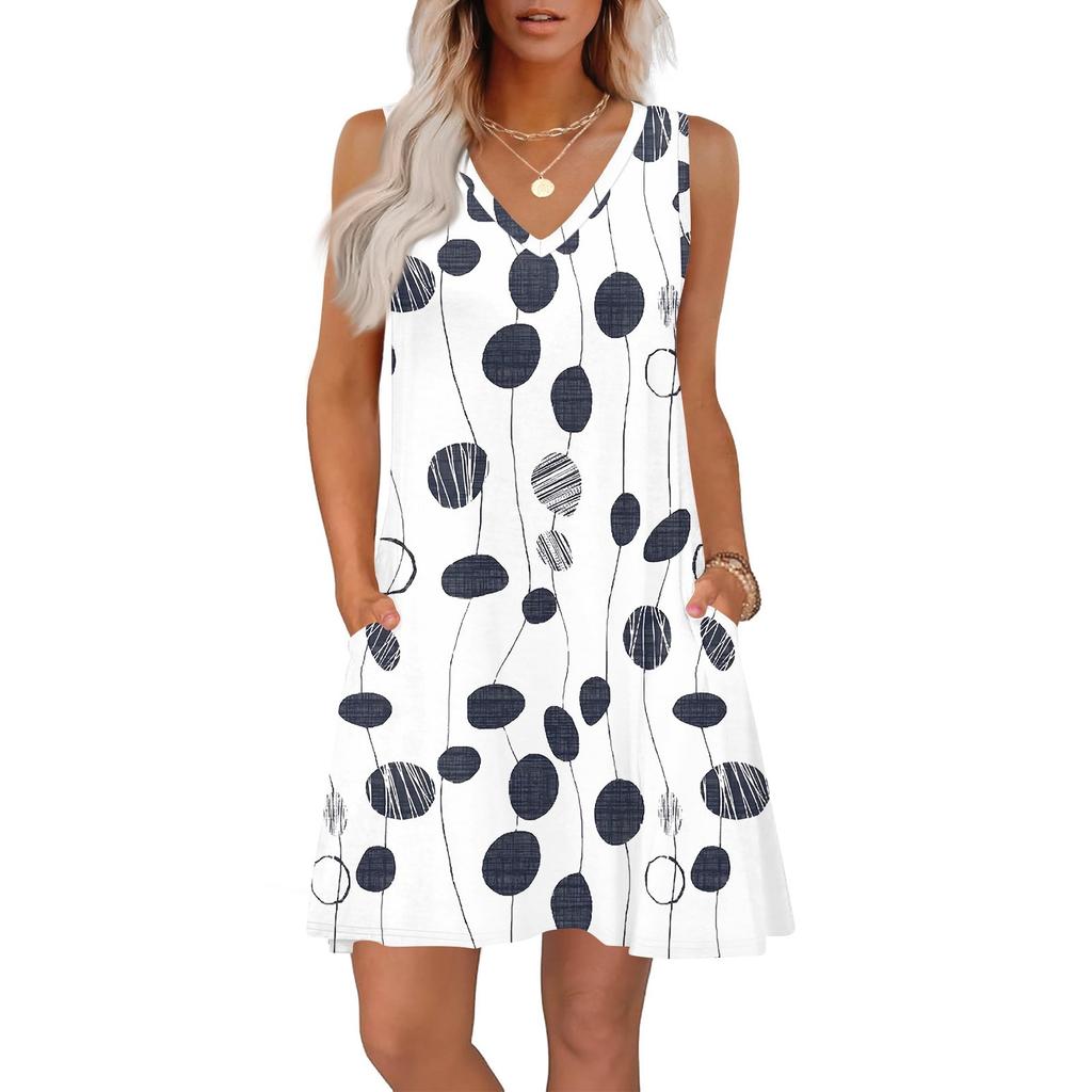 Women's Summer Dresses Loose Fit Printed V Neck Sleeveless Sundresses Beach Hawaiian Dress With Pockets