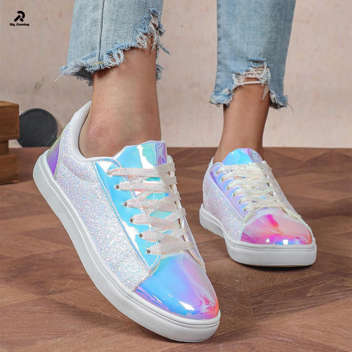 Godinnen schoenen uit de sterren LUCKY STEP Glitter Sneakers Vetersluiting | Mode Sneakers | Sprankelende Schoenen voor Dames 42 white