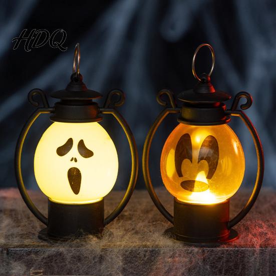 Warm Yellow Light Halloween Ghost Face Night Light Portable Retro LED Lamp with Hanging Battery Operated Ring Vintage Horse Lantern for Indoor