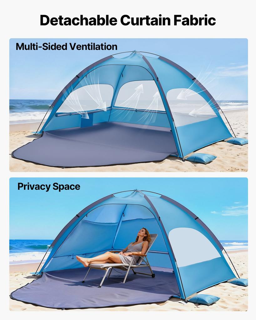 VEVOR Beach Tent Sun Shelter for 4 Person, UPF 50+ Protection, Portable Sun Shade Canopy with Carrying Bag & Sand Pockets