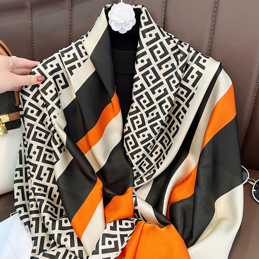 Summer New Imitation Silk English Letter Silk Scarf Fashion Printing Scarf Sun Protection Beach Towel