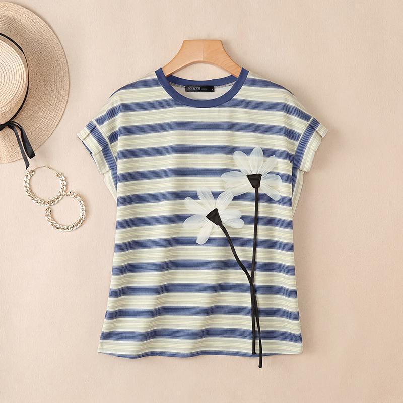 ZANZEA Women Casual Round Neck Loose Stripe Print Short Sleeve Blouse