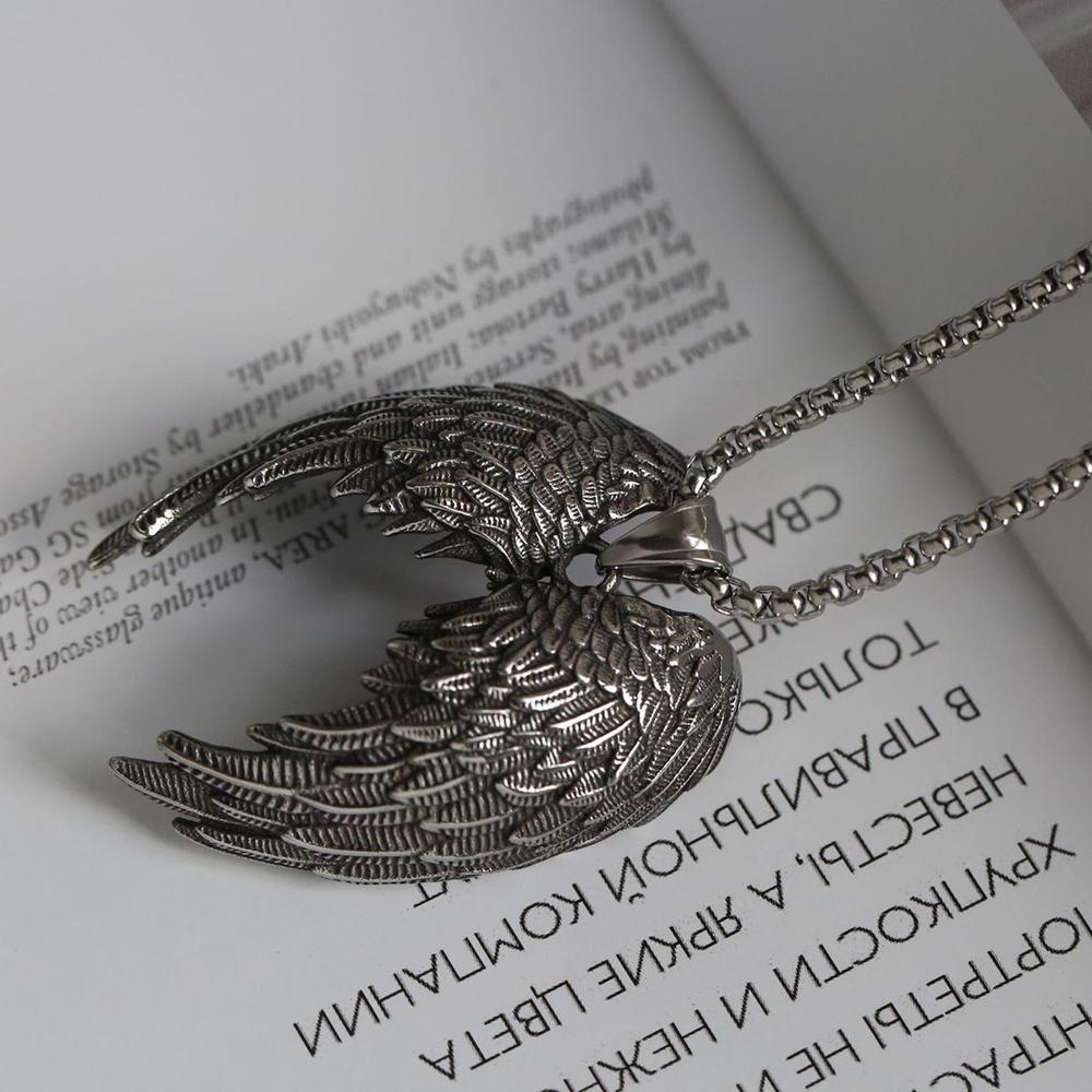 Retro Angel Wing Pendant Necklace Stainless Steel Hip Hop Punk Style Silver Color Birthday Party Gift For Men Women Neck Jewelry