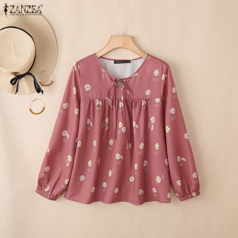 ZANZEA Women Casual Round Neck Floral Print Loose Long Sleeve Blouse