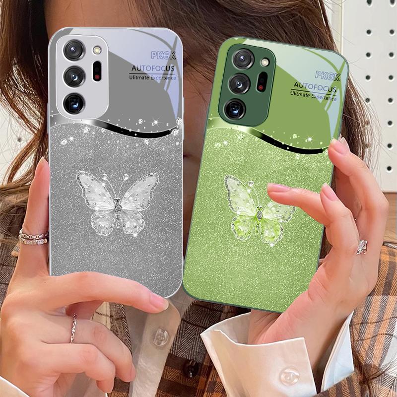 Gradient Diamond Butterfly For Samsung Galaxy Note 8 9 10 PRO 20 Ultra A01 02 03 Core 04E 4G 12 13 5G Tempering Glass Phone Case