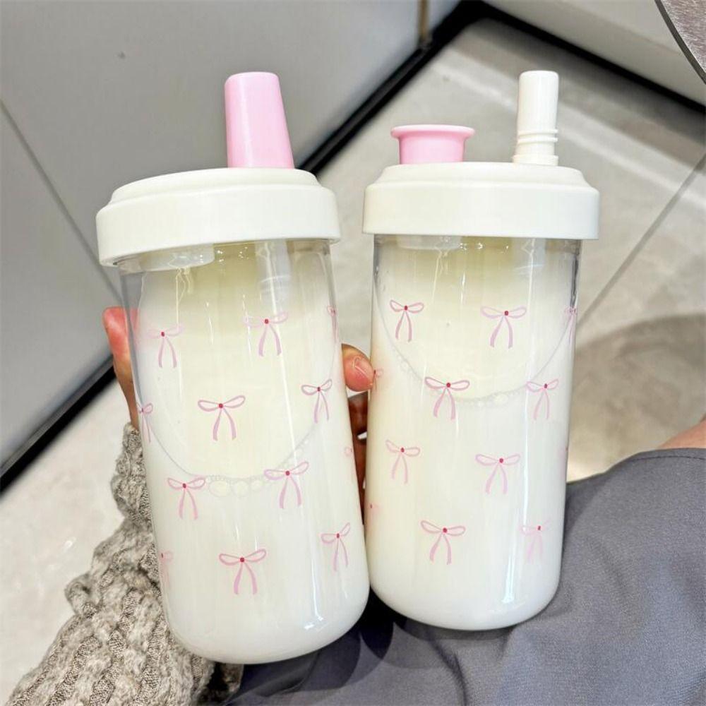Gift Cute Design Pink Bow Straw Water Bottle Clear Portable Bubble Tea Cup Plastic 500ml Coffee Cup Outdoor Use