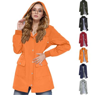 Women Solid Stripe Rain Jacket Outdoor Plus Waterproof Hooded Raincoat Windproof