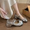 French silver Mary Jane shoes women's 2025 new summer with skirt thick heel high heels women's bow small leather shoes