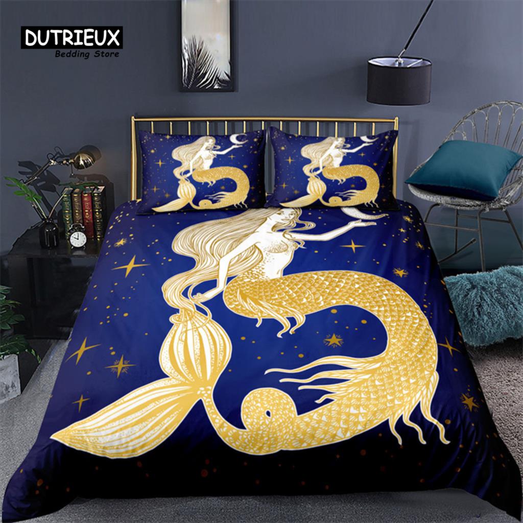 Mermaid Bedding Set Queen Size Print Duvet Cover Comforter Cover With Pillowcases For Girls Boys Teens Gift Home Bedroom Decor