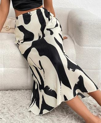 Casual Graphic Print Pleated Long Skirts Women Autumn Fashion Elastic High Waist Geometry Midi Skirt Streetwear
