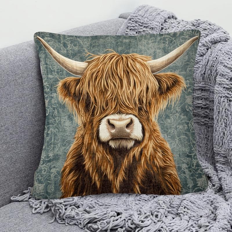 Vikama Elegant Highland Cow Portrait Pillowcase Hand Washable Perfect For Decorating Sofas, Bedrooms, And Offices