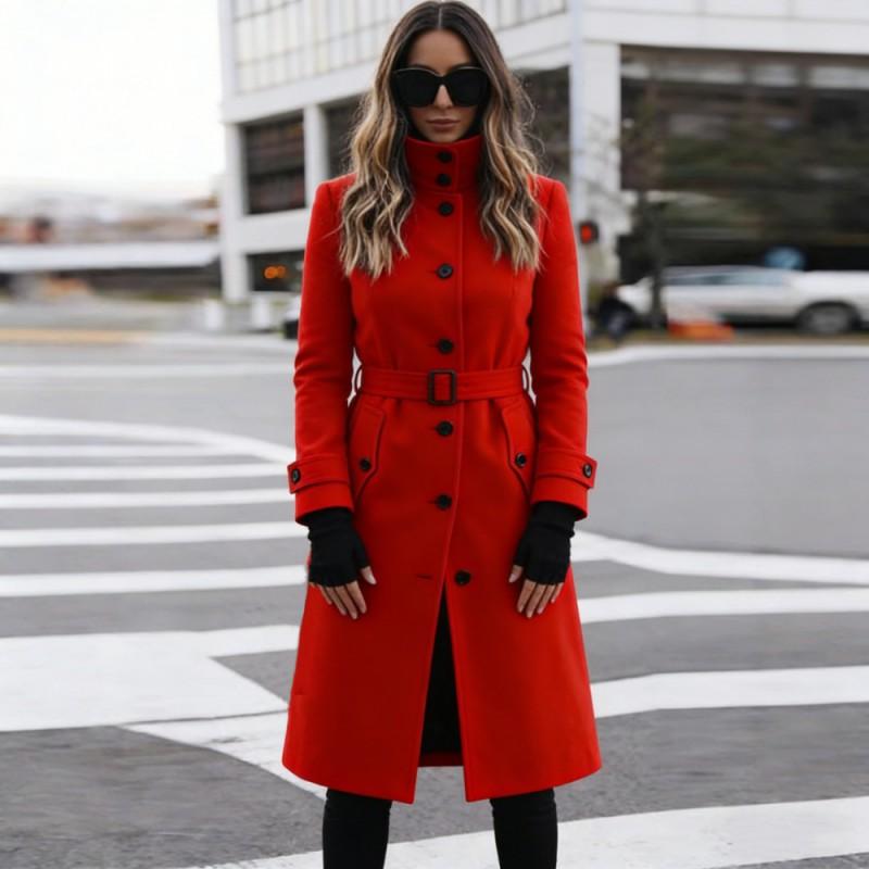 Womens Wool Blend Long Coat With Belt Solid Color Straight Cut Winter Outerwear Office Daily Wear