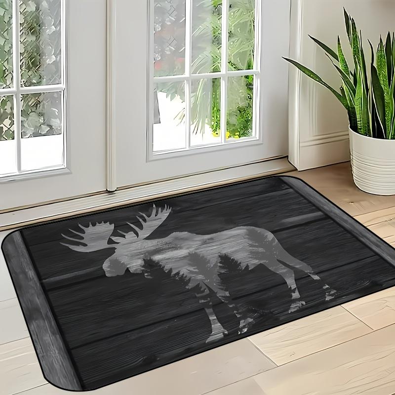 

Rustic Dark Wood Plank Moose with Forest Silhouette Entry Rug Non Slip Washable Indoor Door Mat for Farmhouse Cabin Lodge Decor 40x60cm