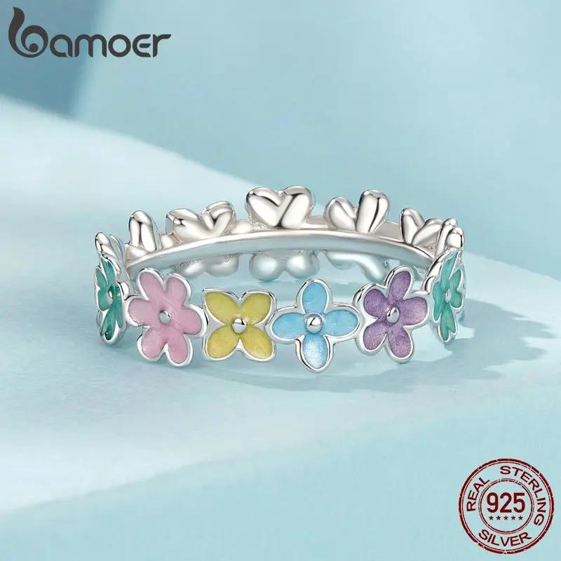 BAMOER 925 Sterling Silber Mehrfarbige Emaille Mini Blumen Ring für Frauen Mädchen Party Süße Feine Schmuck Geschenk