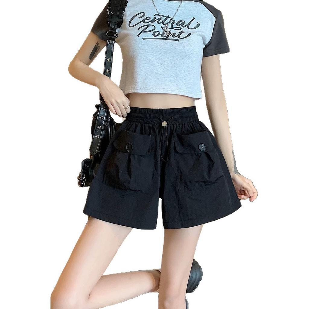 New High-waisted Slimming Lady's Casual Shorts for Summer Workwear, Wide-leg with Double Pockets and Drawstring.
