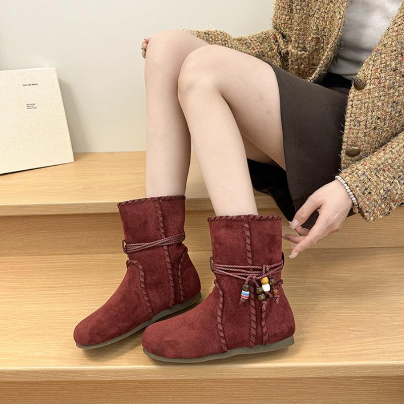 Short Boots Children's Autumn New Retro Flat Bottom Beaded Strap Short Boots Soft Bottom Fashion Matte Martin Boots