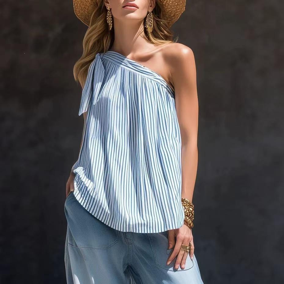2026 cross-border new European and American style striped off-the-shoulder sleeveless top summer vacation loose fashion trend women's clothing