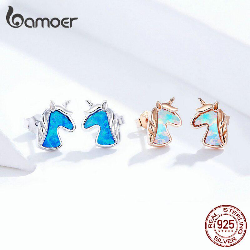 BAMOER Authentic 925 Sterling Silver 2 Color Translucent Opal Fancy Pony Earring Original Brand Design