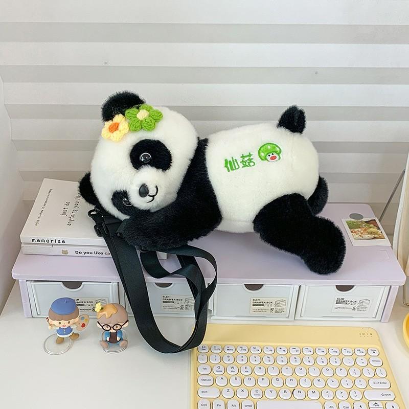 Cute panda flower backpack female cartoon hug rich apple plush bag lightweight backpack travel small backpack
