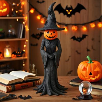 Halloweenská socha čarodějnice Gotická pryskyřice Okouzlující figurka čarodějnice s dýňovou hlavou Stolní ozdoba pro vnitřní domácí polici Stolní dekorace