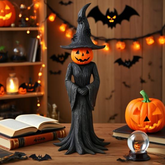 Halloween Witch Statue Gothic Resin Enchanting Witch Figurine with Pumpkin Head Desktop Ornament for Indoor Home Shelf Table Decor
