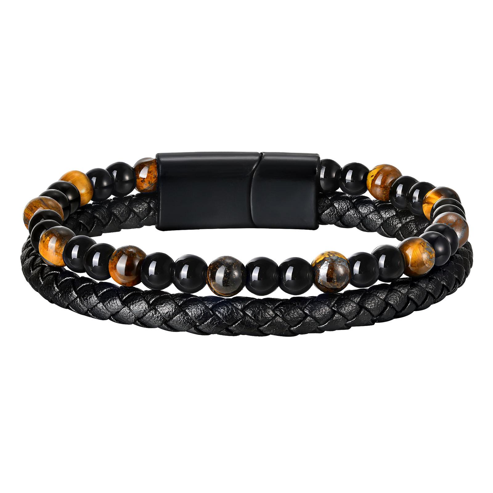 Classic Vintage Tiger Eye Natural Stone Beads Bracelet Multi Layers PU Leather Bangle Wristbands for Men Fashion Jewelry Gifts 19cm