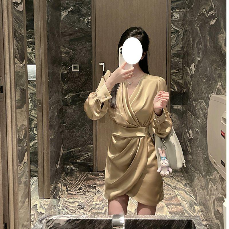 

Модное сексуальное платье с V-образным вырезом золотого цвета, легкое роскошное, класса люкс, элегантное платье для светской львицы, для ужина, ежегодной встречи, атласное платье Champagne gold M