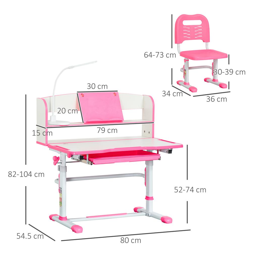 Scrivania Scolastica per Bambini 6-12 Anni Regolabile con Luce LED, Pupitre e Portapenne, in MDF, PP e Acciaio, Rosa