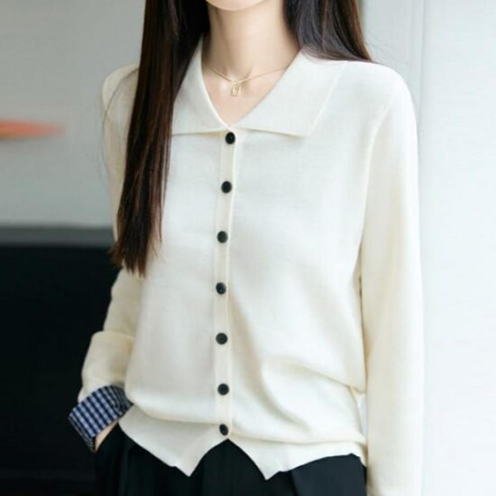 Navava Casual Check Point Collar Long Sleeve Knit Cardigan Nk3590