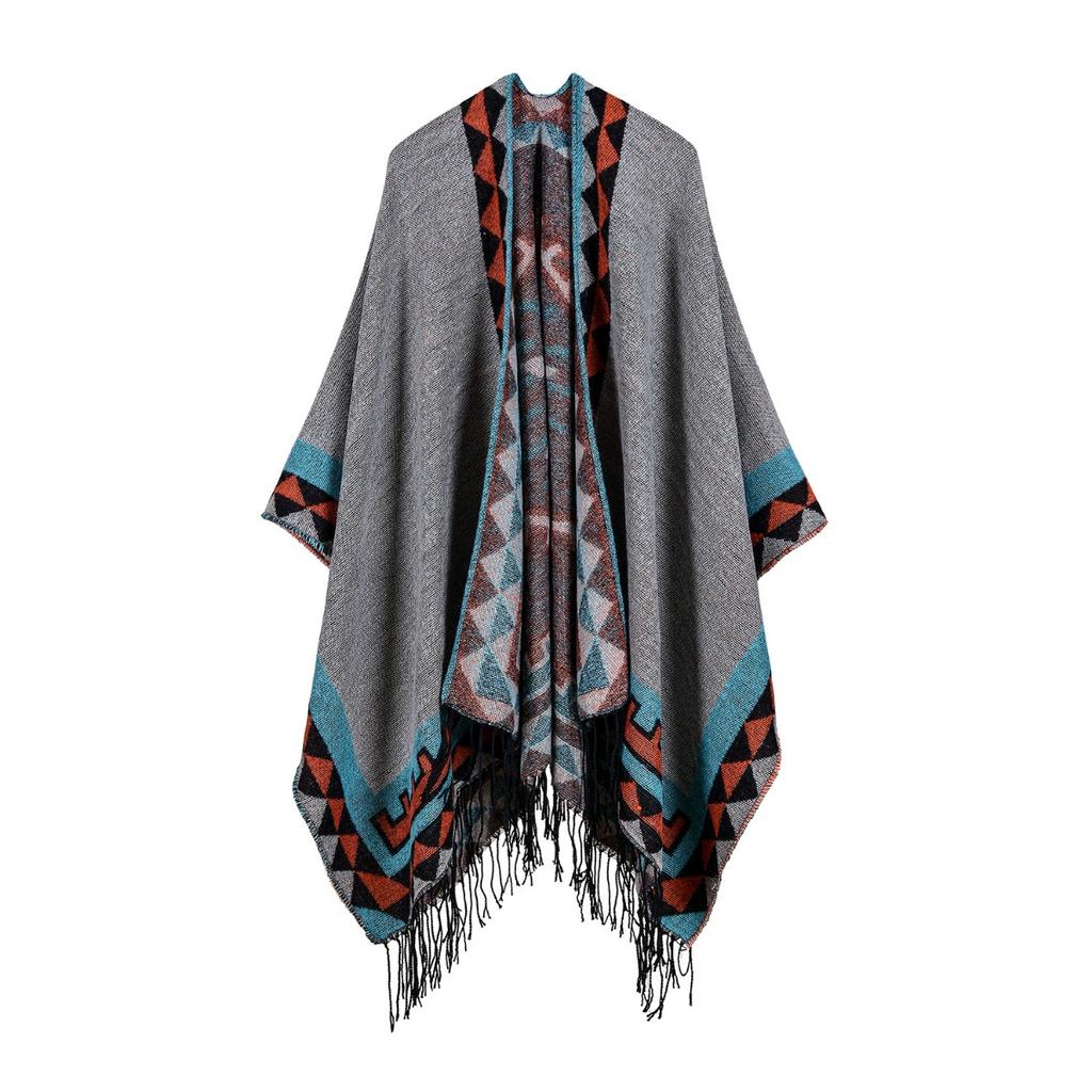 Fular de Toamnă și Iarnă, Șal de Călătorie Versatil în Carouri pentru Femei, Pelerină Groasă Despicată Stil Etnic din Cașmir Imitație